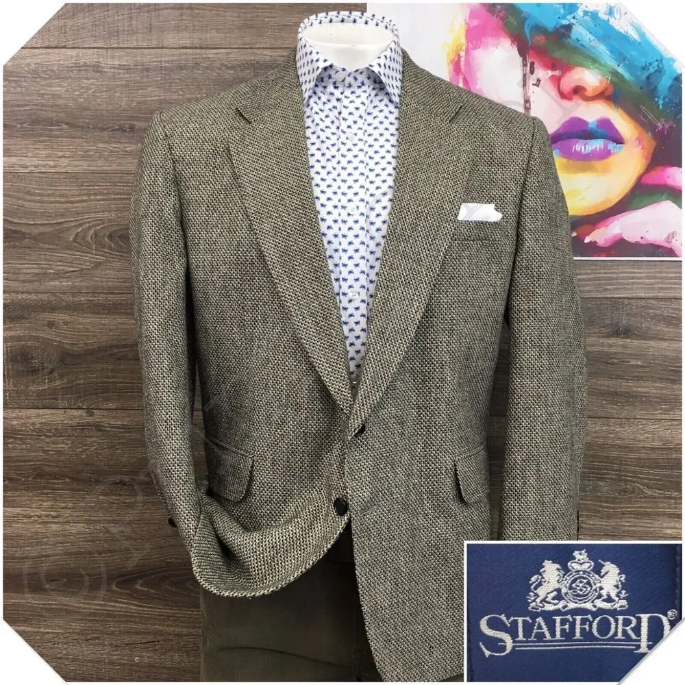 VINTAGE‎ STAFFORD Mens Blazer Sport Coat Casual Jacket Size 46R Knit Wool Suit